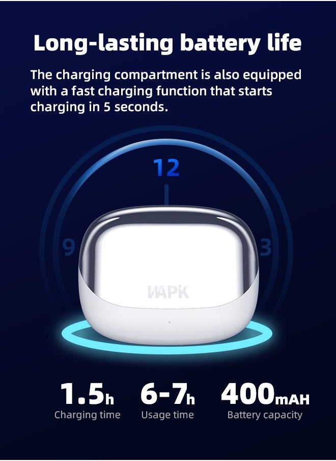 Korean Brand RS2 True Wireless Earphones, Korean Brand, 6 Mics Hybrid ANC with AI Wind Noise Reduction, -42dB Noise Cancelling, Transparency Mode, Normal Mode, ANC Mode, 30-Hour Battery Life, Bluetooth 5.4, IPX5 Waterproof, Powerful Bass, Silver White
