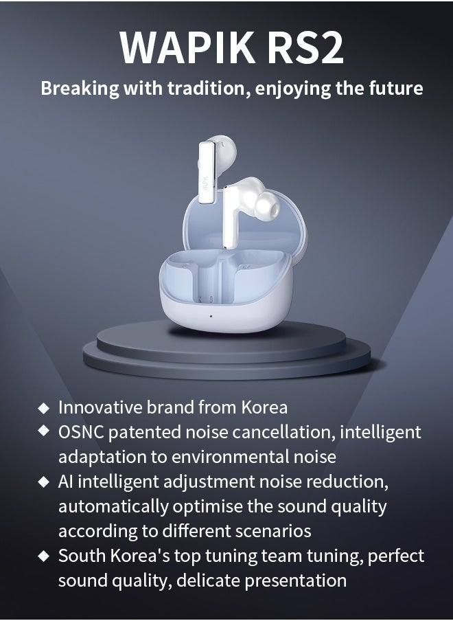 Korean Brand RS2 True Wireless Earpods, 6 Mics Hybrid ANC with AI Wind Noise Reduction, -42dB Noise Cancelling, Transparency Mode, Normal Mode, ANC Mode, 30-Hour Battery Life, Bluetooth 5.4, IPX5 Waterproof, Powerful Bass, Light Blue