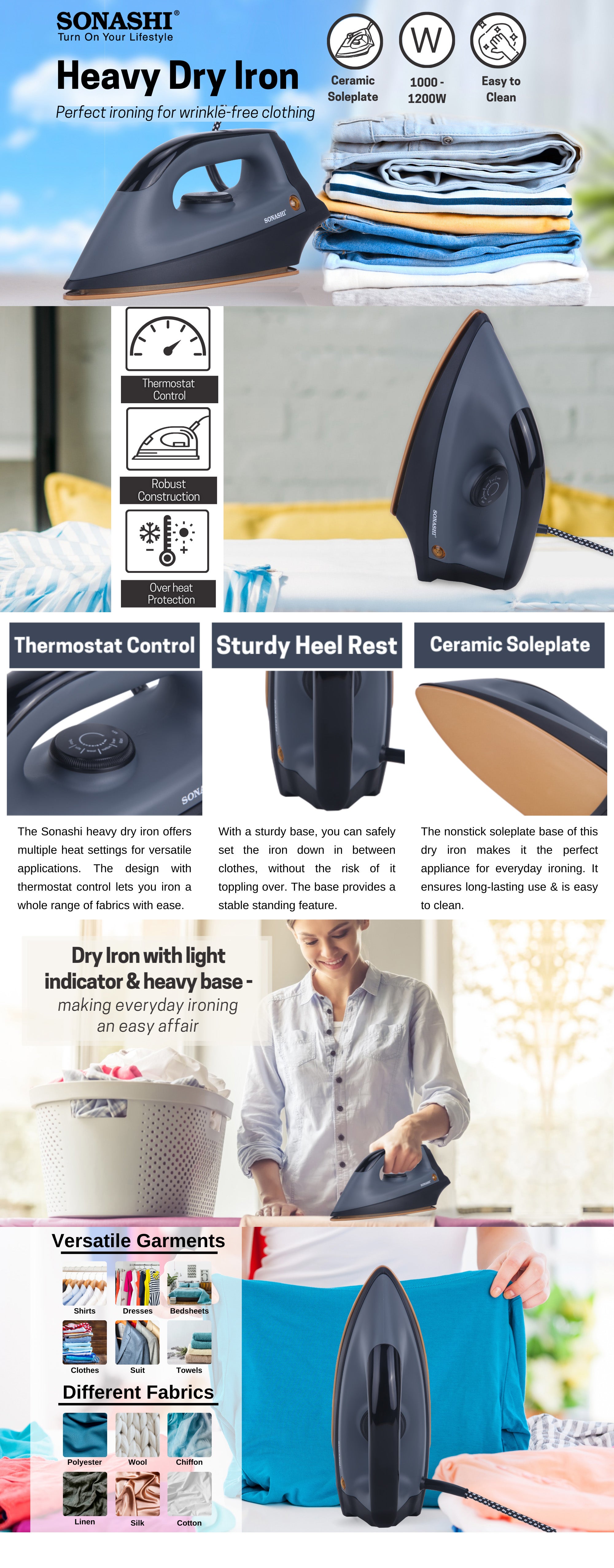 Heavy Dry Iron with Ceramic Coated Soleplate | Comfortable Handle, Stable Heel Rest, Thermostat Control and Easy Temperature Settings | For All Types of Fabrics | Overheat Protection 1200 W SHI-6021 Grey/Black