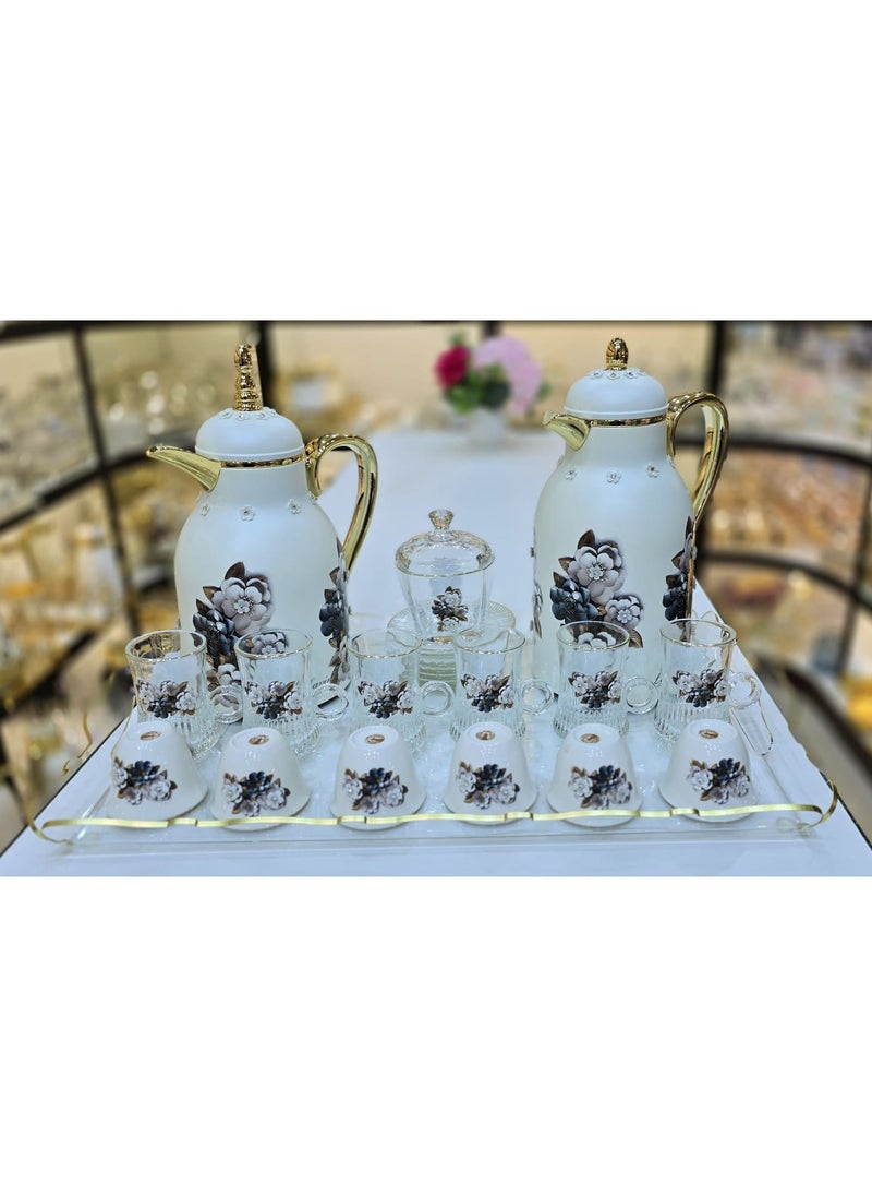 22Pieces Ramadan Kareem Complete Serving Set Elegant Thermoses Tea & Cawa Cups Sugar Bowl & Mirror Tray