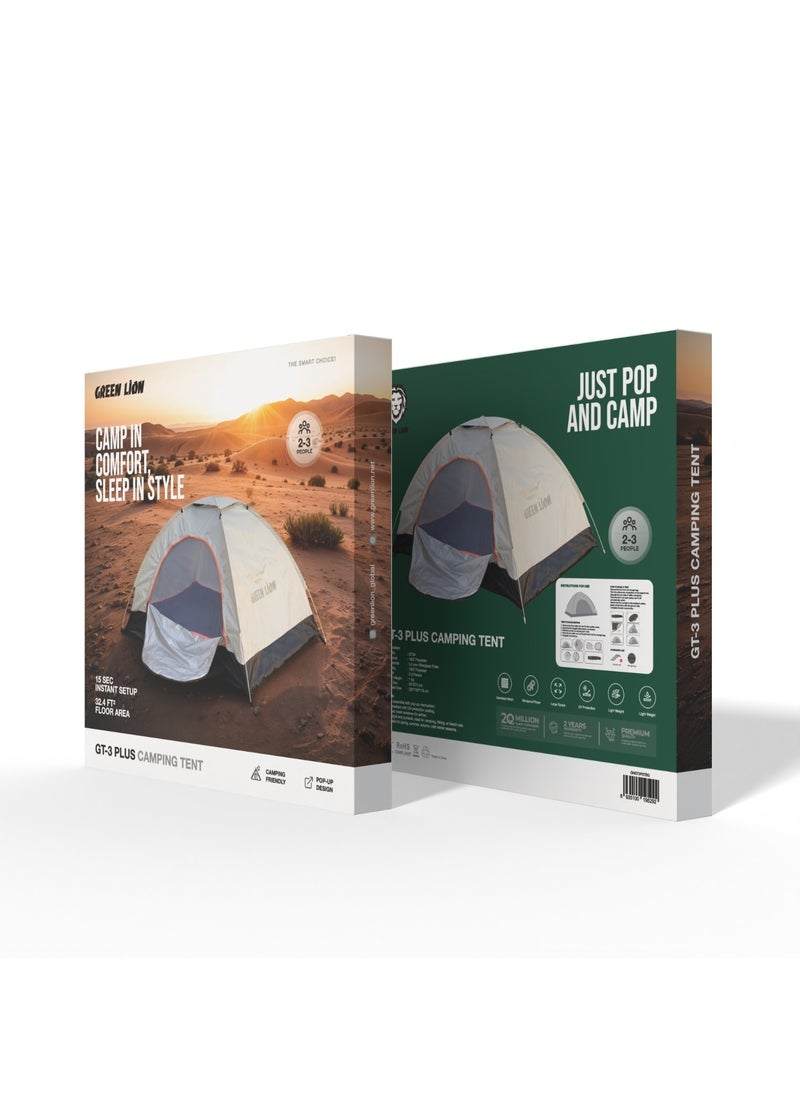 GT3-PLUS Camping Tent / 15 Sec Instant Setup / 3 Person Capacity / 32.4 FT² Floor Area / Ventilated Mesh / Windproof Rope / UV Protection / Lightweight / Large Space / Camping Friendly / Pop-Up Design - Beige