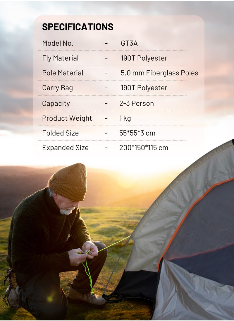 GT3-PLUS Camping Tent / 15 Sec Instant Setup / 3 Person Capacity / 32.4 FT² Floor Area / Ventilated Mesh / Windproof Rope / UV Protection / Lightweight / Large Space / Camping Friendly / Pop-Up Design - Beige