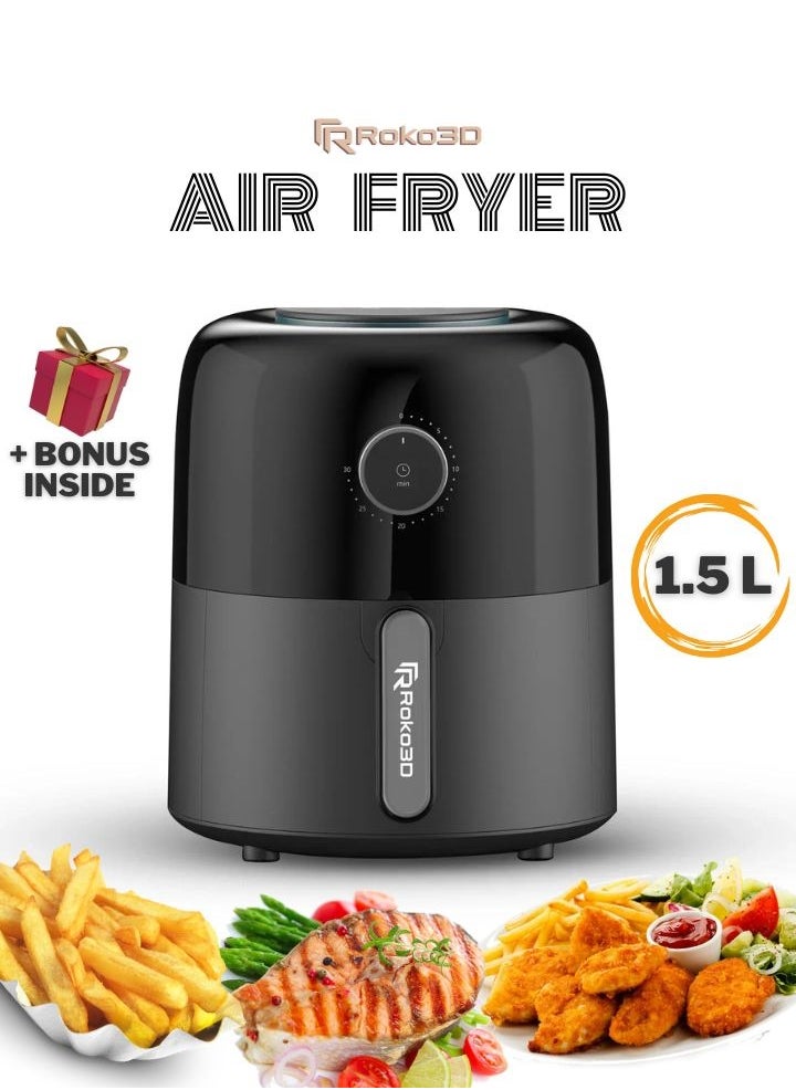 Air Fryer ROKO 3D One-Move Time Setting with Innovative Technology| Deep Fryer for Fast & Healthy Cooking, Oil-Free Meals, Easy Clean Nonstick 1.5L Basket | Bonus Recipe Book Included