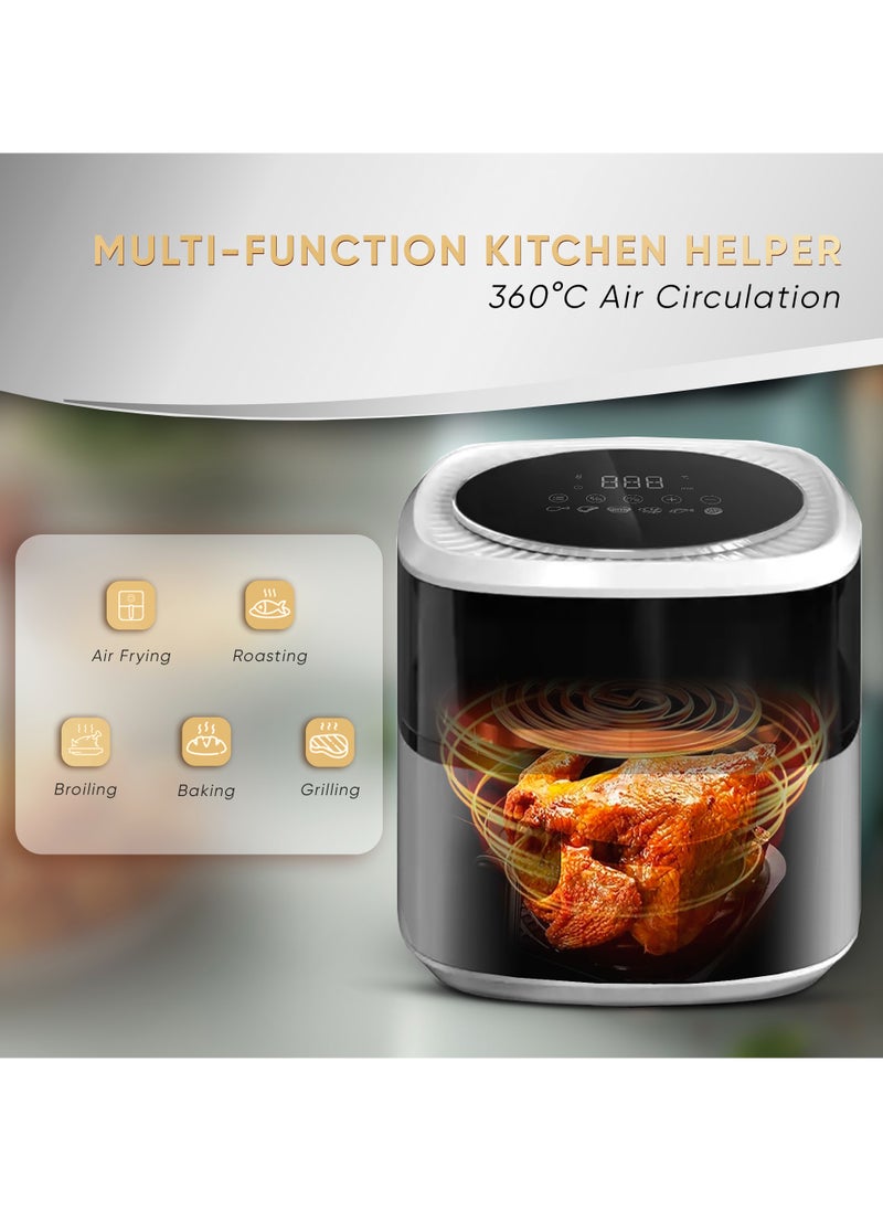 Air Fryer ROKO 3D, 6 Cooking Programs with 6L Capacity | LED Control Panel, Timer & Temperature Settings, Dishwasher Safe, Nonstick Basket, Easy to Clean, Bonus Recipe Book Included, Luxury Design Black and White