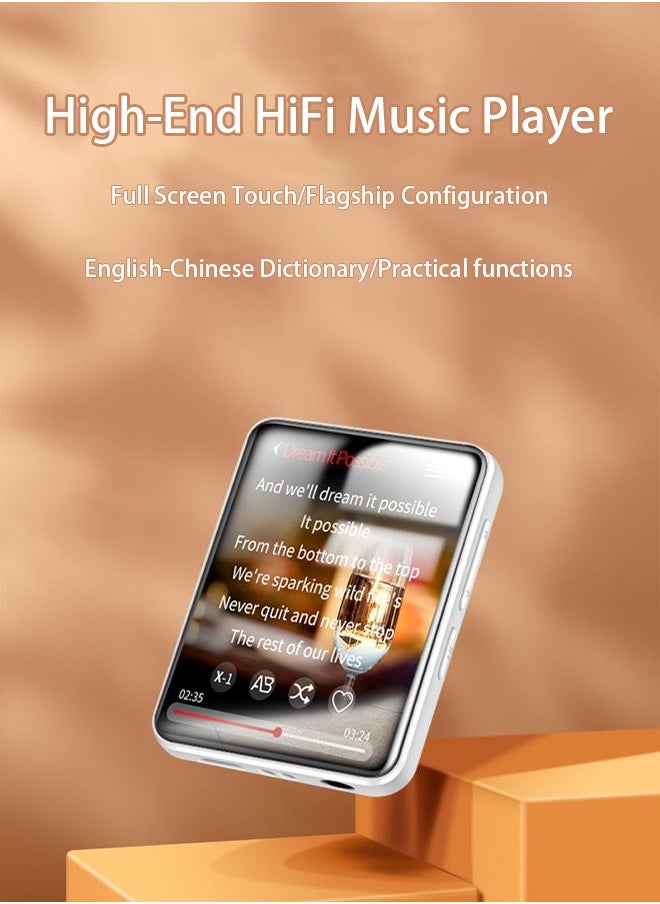 Portable MP3 Player with Bluetooth Touch Screen MP4 Music Player HIFI Sound Speaker Student Walkman Digital Music Player Compact 1.77 inch Screen FM Radio Recording Dictinary, Storage Expandable up to 128GB - White