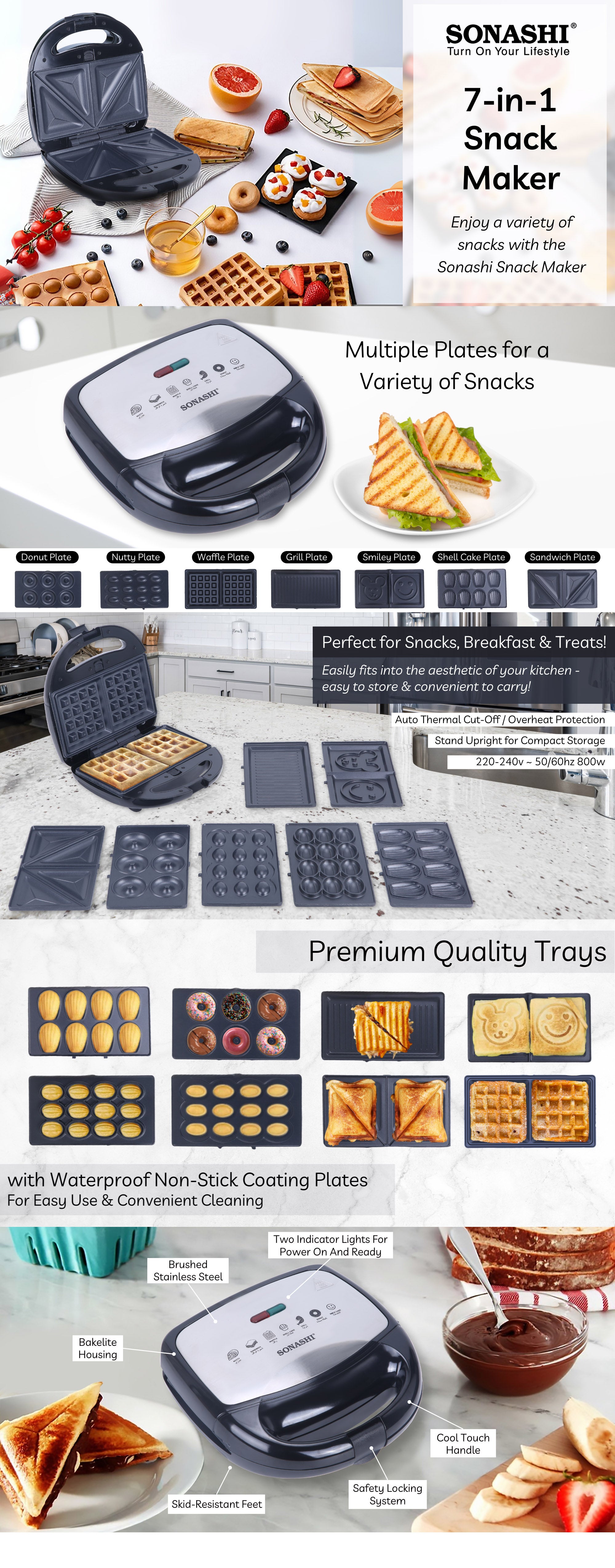 7-In-1 Non-Stick Multi Snack Maker with Detachable Sandwich/Grill/Waffle/Donut/Nutty/Smile/Shell Cake Plates | Compact Body with Cool-touch Handle | Indicator Light with Auto Cut-OFF feature | Anti-skid Feet | 800 W SSM-862N Black/Silver