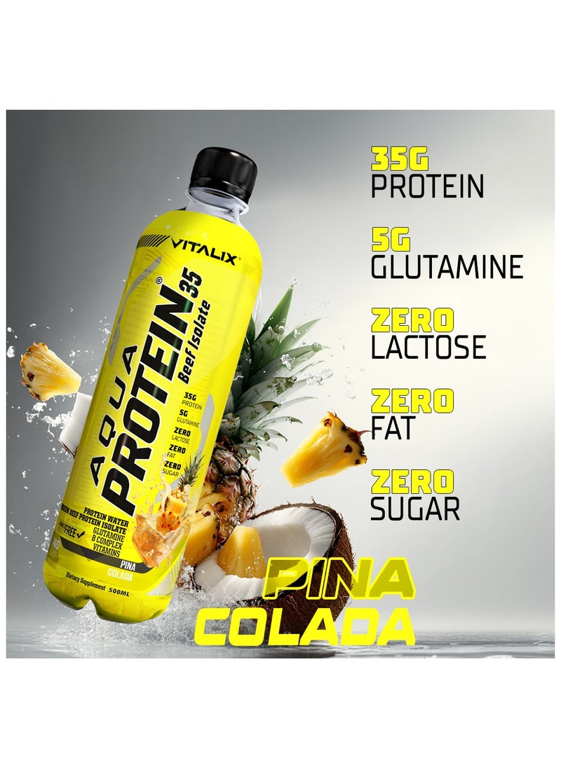 Aqua Protein 35 Beef Isolate Pina Colada - 35g Protein Water, 5g Glutamine, Vitamins B,Lactose Free, Sugar Free, Zero Fat - Protein Drink 500ml Pack of 12