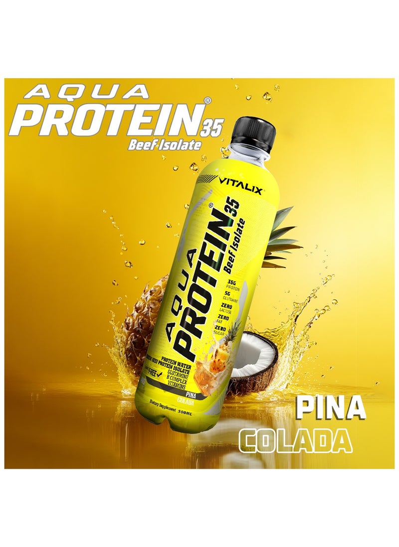 Aqua Protein 35 Beef Isolate Pina Colada - 35g Protein Water, 5g Glutamine, Vitamins B,Lactose Free, Sugar Free, Zero Fat - Protein Drink 500ml Pack of 12