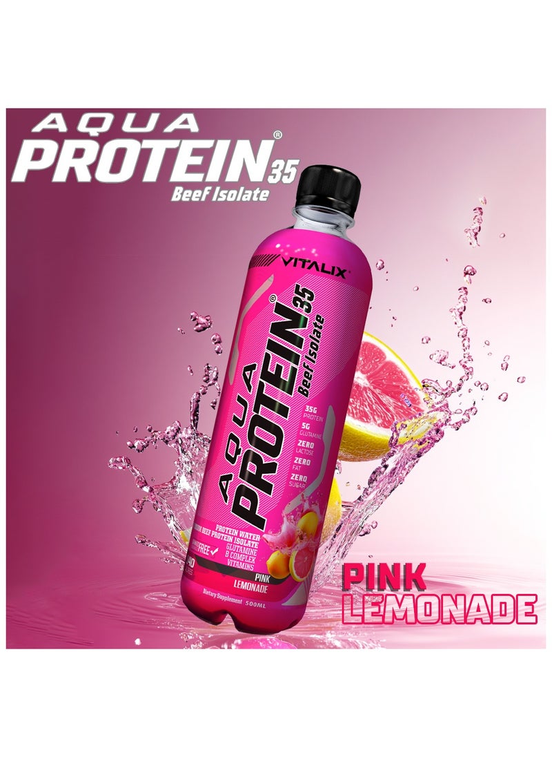 Aqua Protein 35 Beef Isolate Pink Lemonade - 35g Protein Water, 5g Glutamine, Vitamins B,Lactose Free, Sugar Free, Zero Fat - Protein Drink 500ml Pack of 12