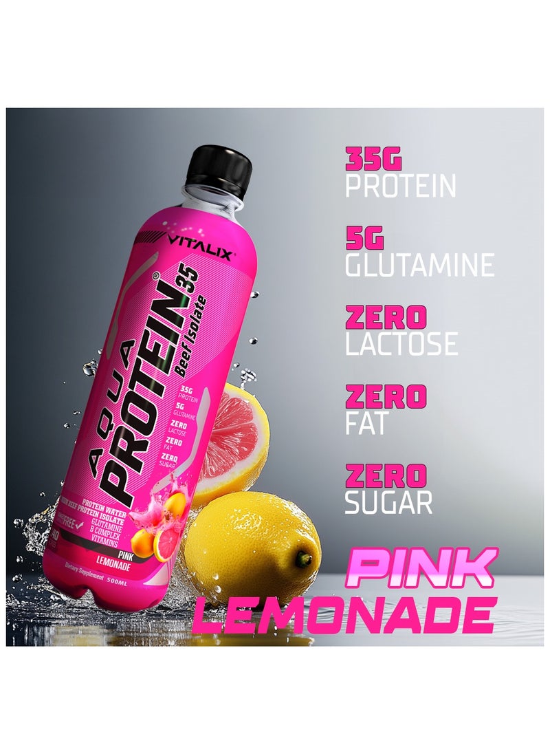 Aqua Protein 35 Beef Isolate Pink Lemonade - 35g Protein Water, 5g Glutamine, Vitamins B,Lactose Free, Sugar Free, Zero Fat - Protein Drink 500ml Pack of 12