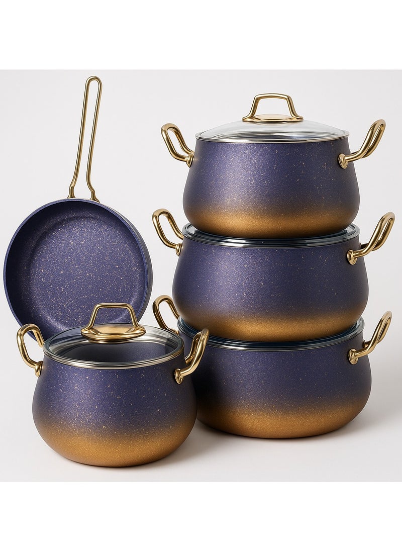 OMS 3042 INDUCTION 9PCS GRANITE COOKWARE SET  20 ,24 , 28 Cm Cooking pot, with 28 Cm Frypan , Made int Turkey , Blue Color