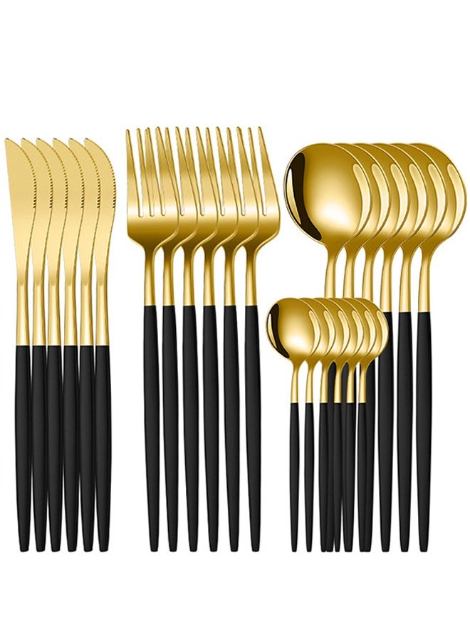 24-Piece Stainless Steel Cutlery Set Gold/Black Durable tableware including spoons, forks, knives, dessert spoons, suitable for family gatherings, picnics, restaurants, reusable and washable