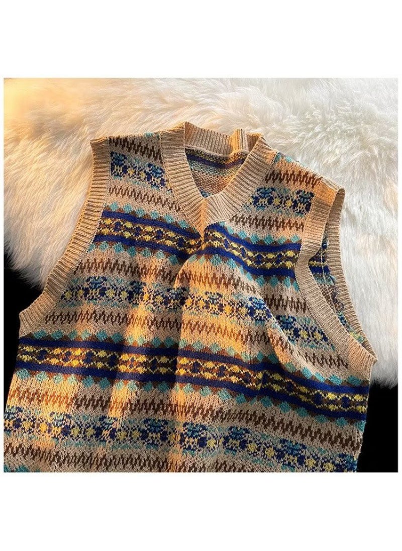 Japanese Retro Knit Vest Mens Fashion Loose V-Neck Sweater Blue