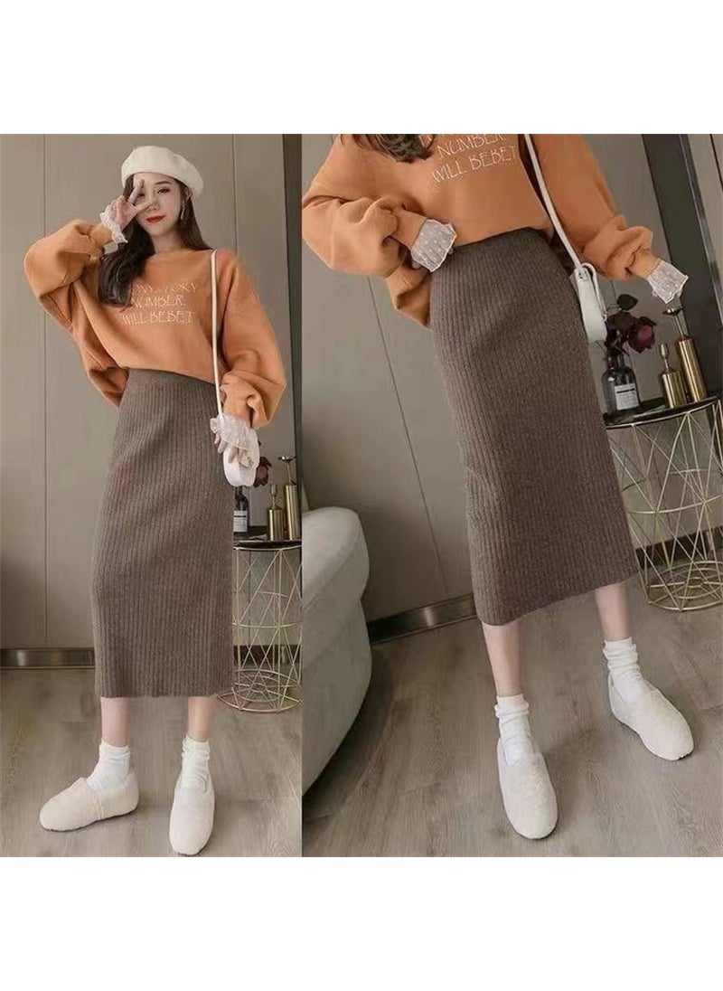 1 x 5 pcs Autumn Winter Midi Knit Pencil Skirt Pink