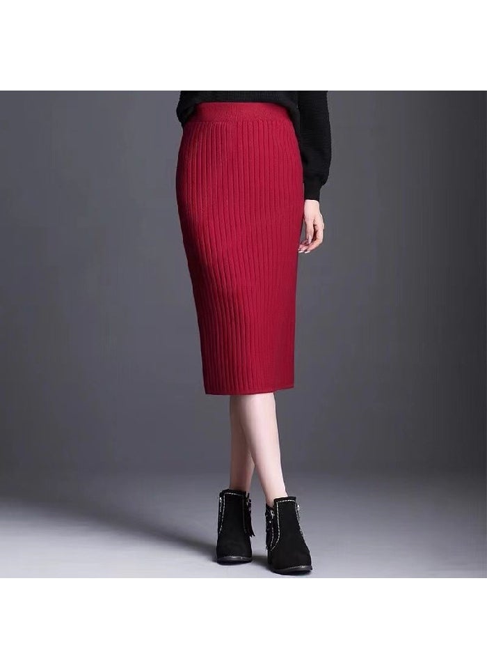 1 x 5 pcs Autumn Winter Midi Knit Pencil Skirt Khaki