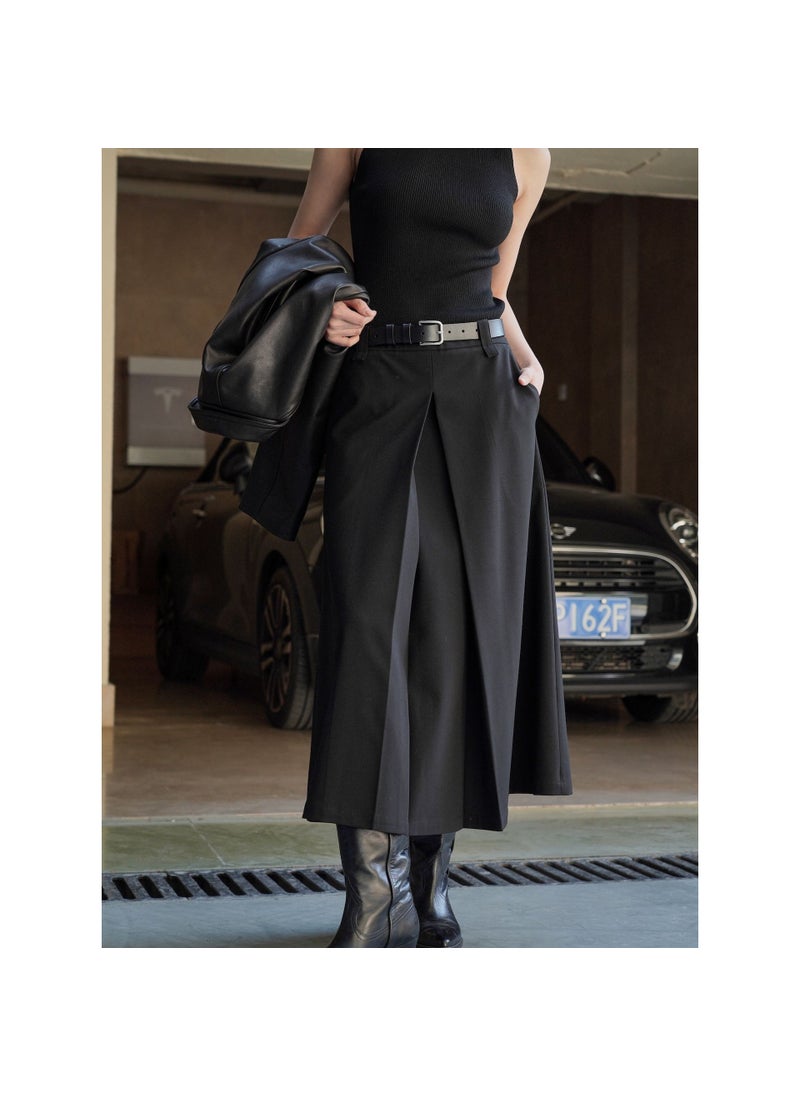Korean Vintage High-Waist Pleated A-Line Skirt for Women Khaki