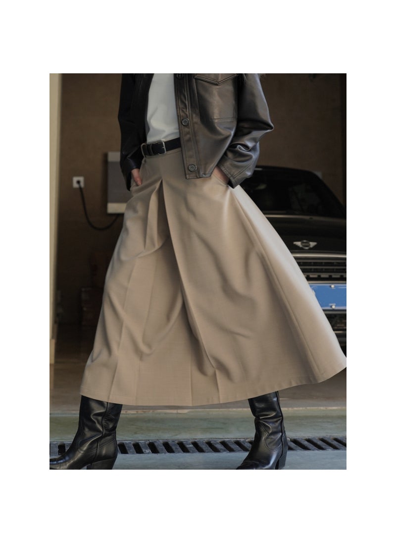 Korean Vintage High-Waist Pleated A-Line Skirt for Women Khaki