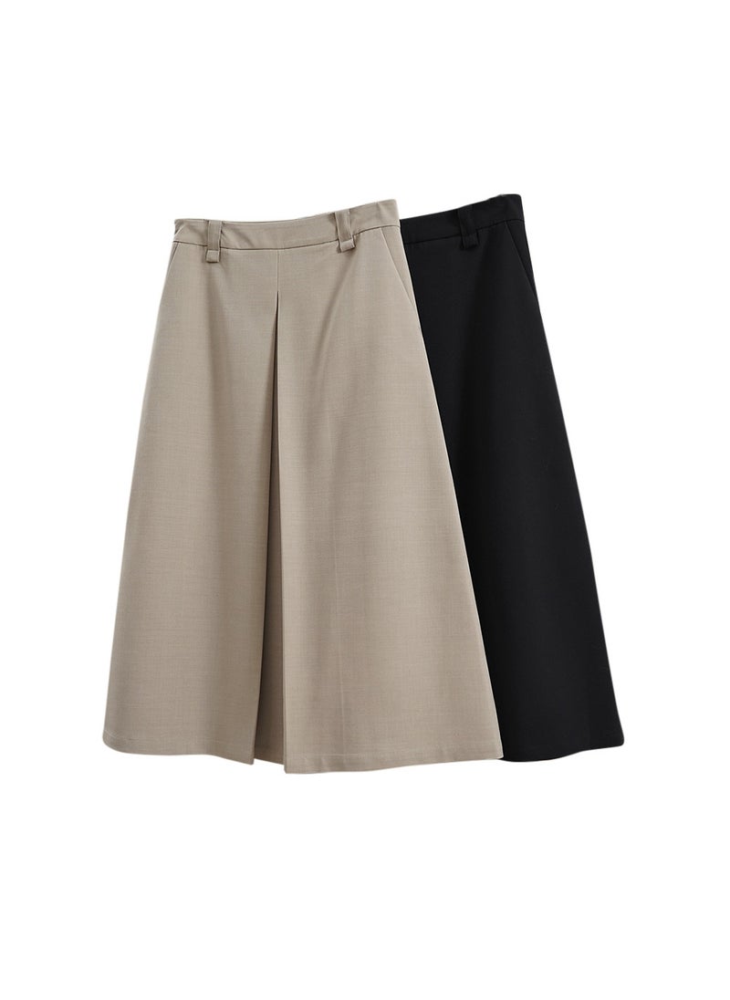 Korean Vintage High-Waist Pleated A-Line Skirt for Women Khaki