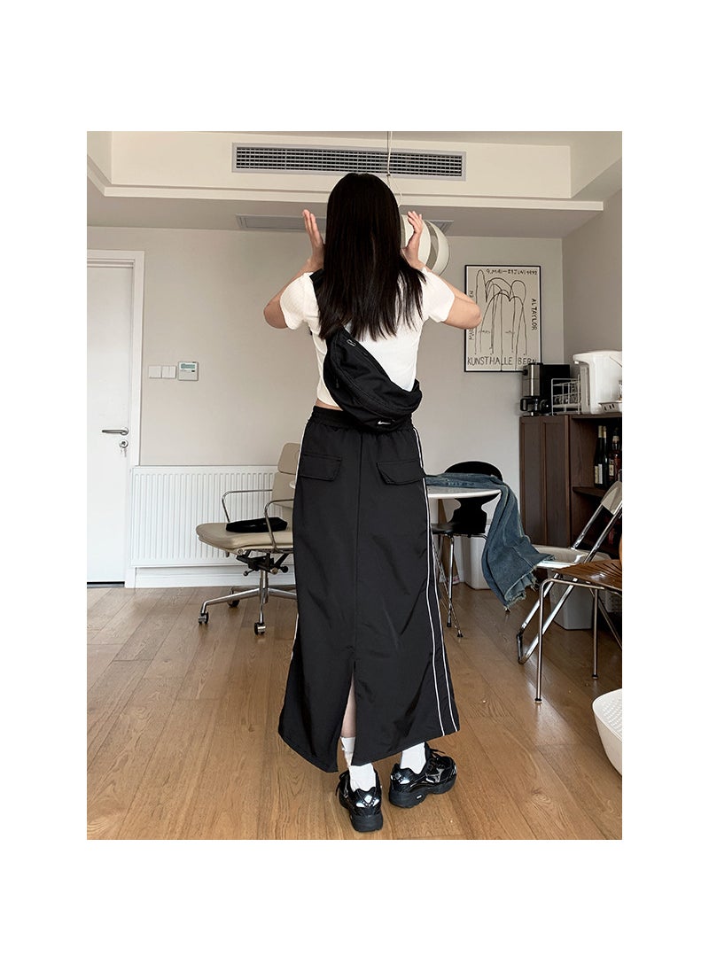 Doris Pleated Split Midi Skirt Elastic Waist Womens Fashion Black