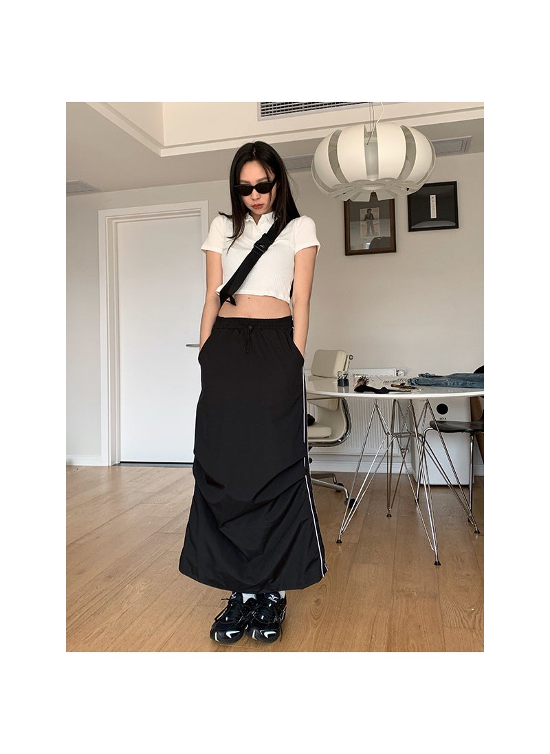 Doris Pleated Split Midi Skirt Elastic Waist Womens Fashion Black