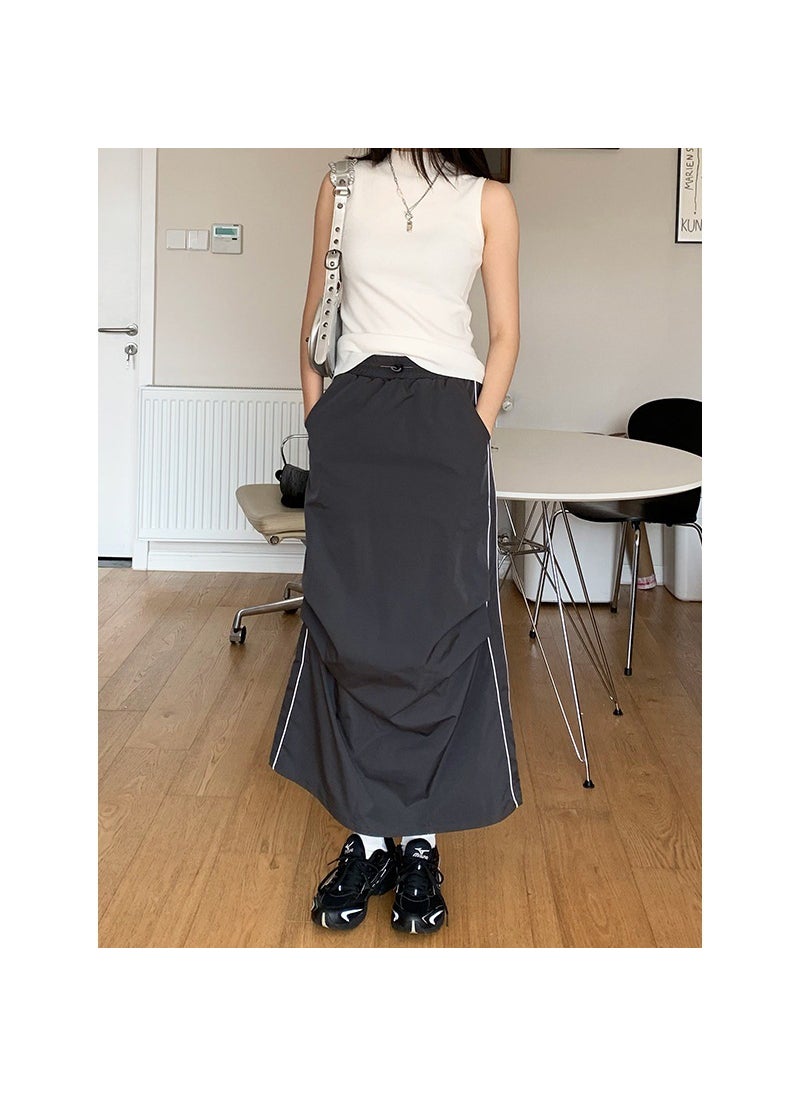 Doris Pleated Split Midi Skirt Elastic Waist Womens Fashion Black