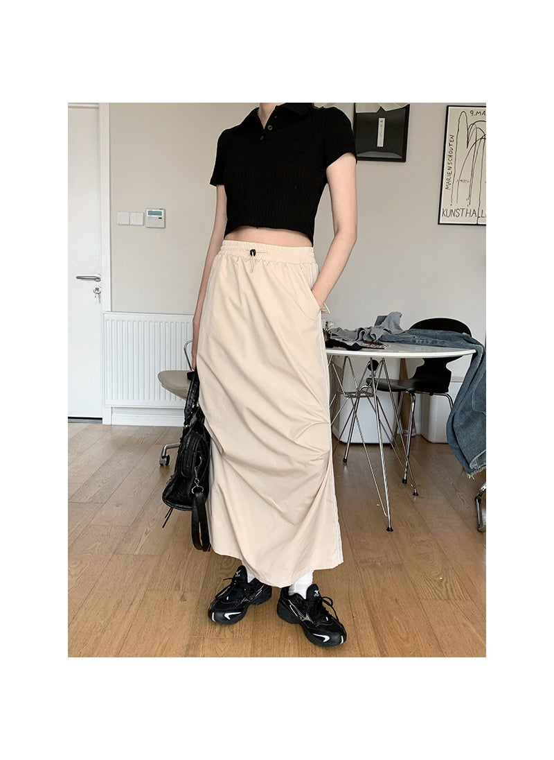 Doris Pleated Split Midi Skirt Elastic Waist Womens Fashion Black