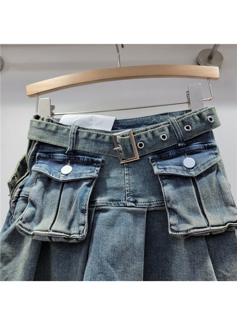 High Waist Pleated Denim Skirt for Petite Blue