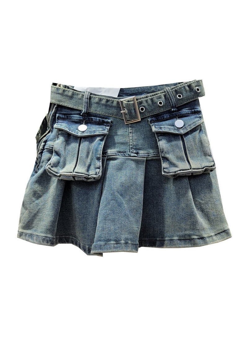 High Waist Pleated Denim Skirt for Petite Blue