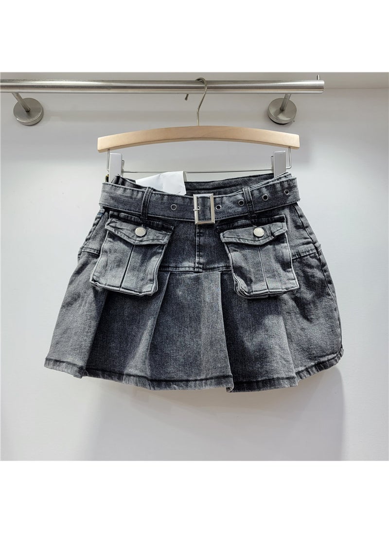 High Waist Pleated Denim Skirt for Petite Blue