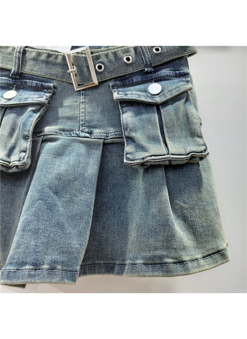 High Waist Pleated Denim Skirt for Petite Blue