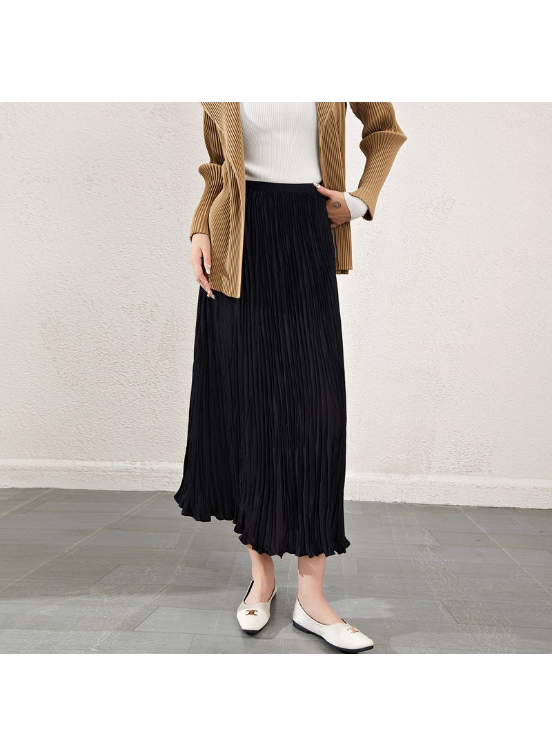 High Waist Chic Pleated Midi Skirt Silky Satin Black