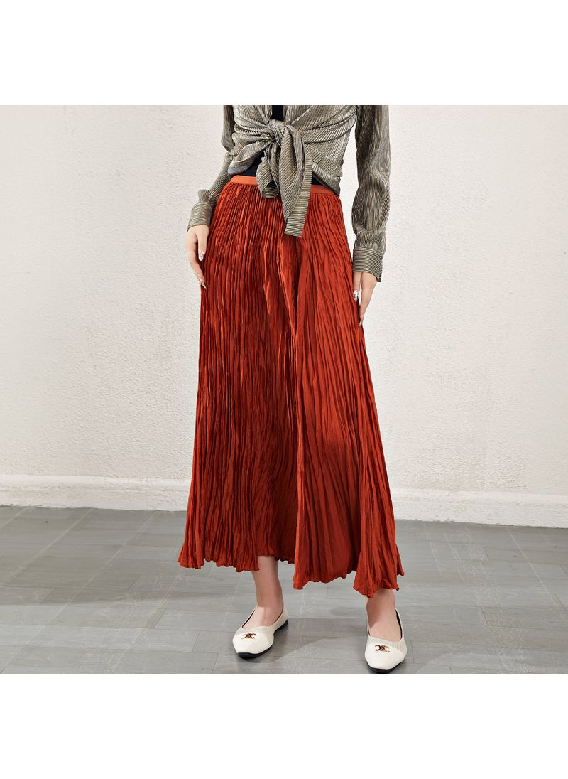 High Waist Chic Pleated Midi Skirt Silky Satin Black