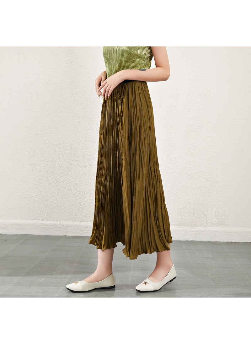 High Waist Chic Pleated Midi Skirt Silky Satin Black