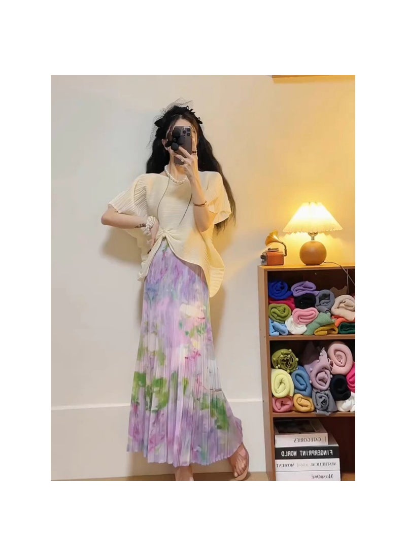 Elegant Chic Pleated Skirt Set Purple Apricot top