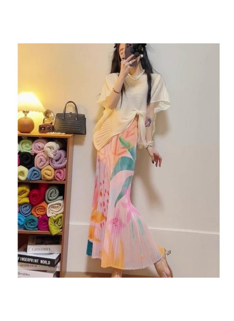 Elegant Chic Pleated Skirt Set Purple Apricot top