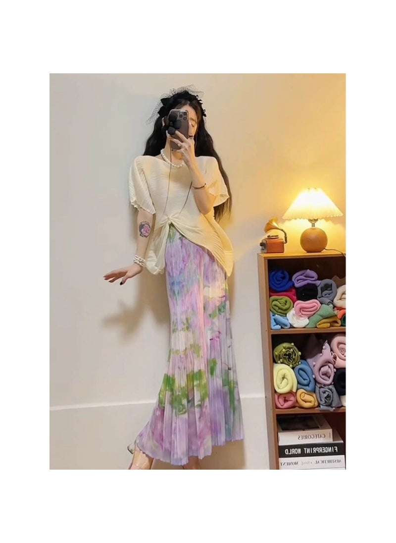 Elegant Chic Pleated Skirt Set Purple Apricot top