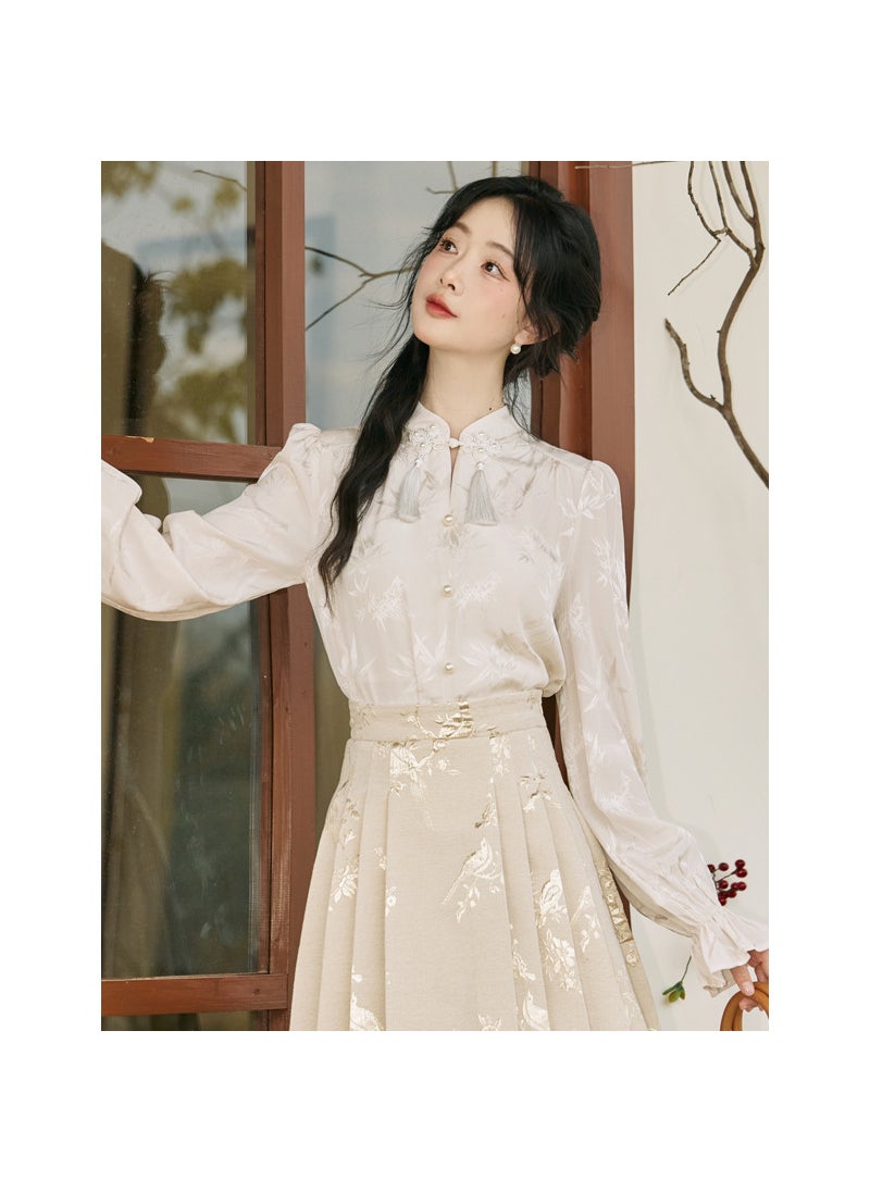 Womens clothing 2024 spring and autumn three lines New retro tassel open new Chinese style shirt + temperament A- line skirt 5854 shirt