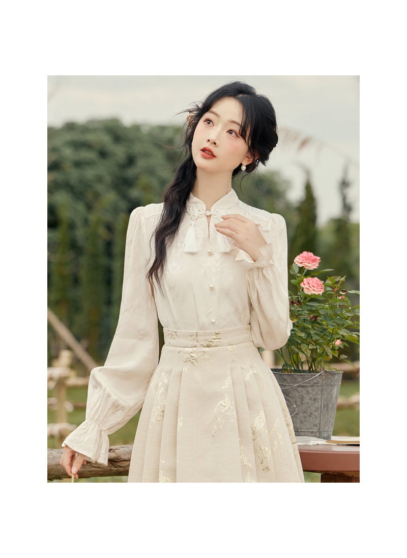 Womens clothing 2024 spring and autumn three lines New retro tassel open new Chinese style shirt + temperament A- line skirt 5854 shirt