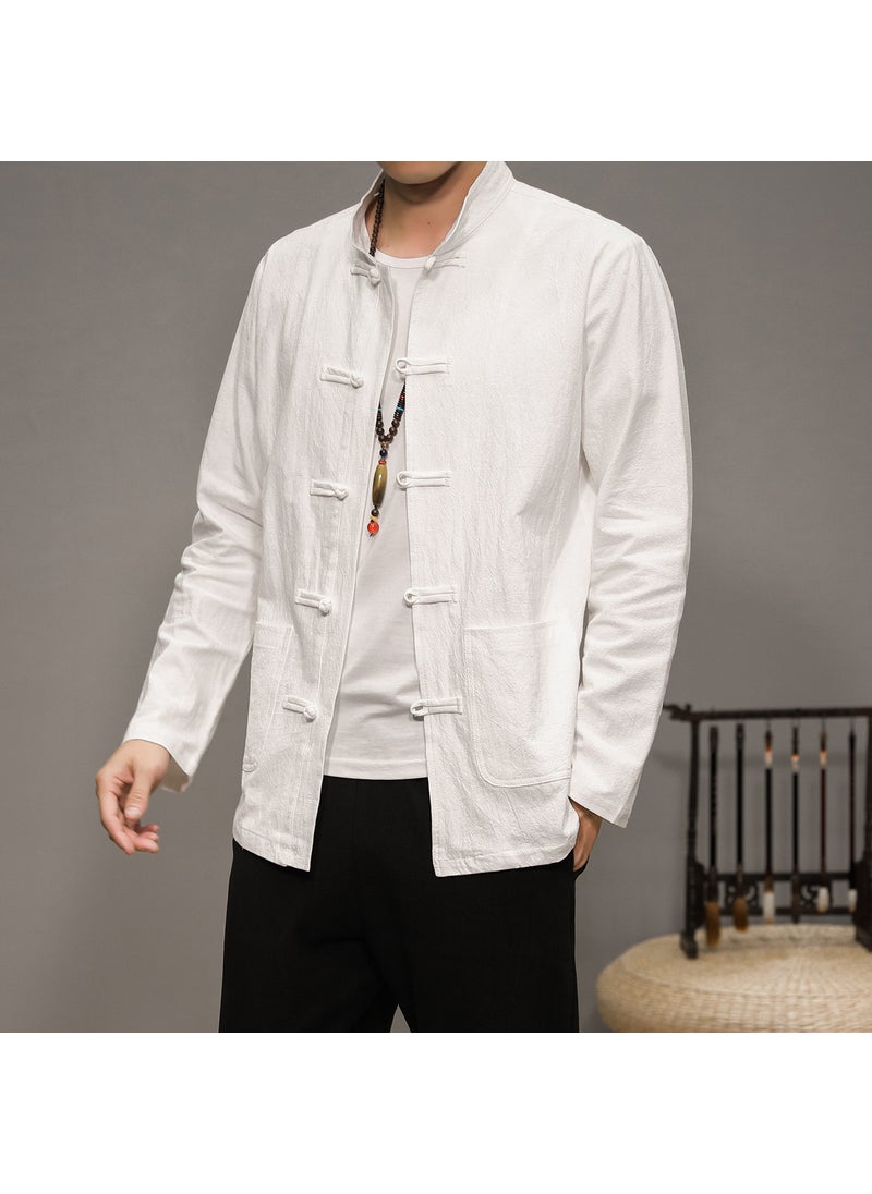 Retro Linen Shirt Long Sleeve Solid Mens Chinese Style Hanfu White
