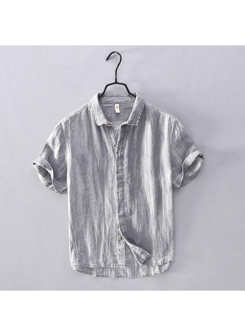 L795 Japanese Minimalist Plain Mens Short Linen Shirt Casual Khaki