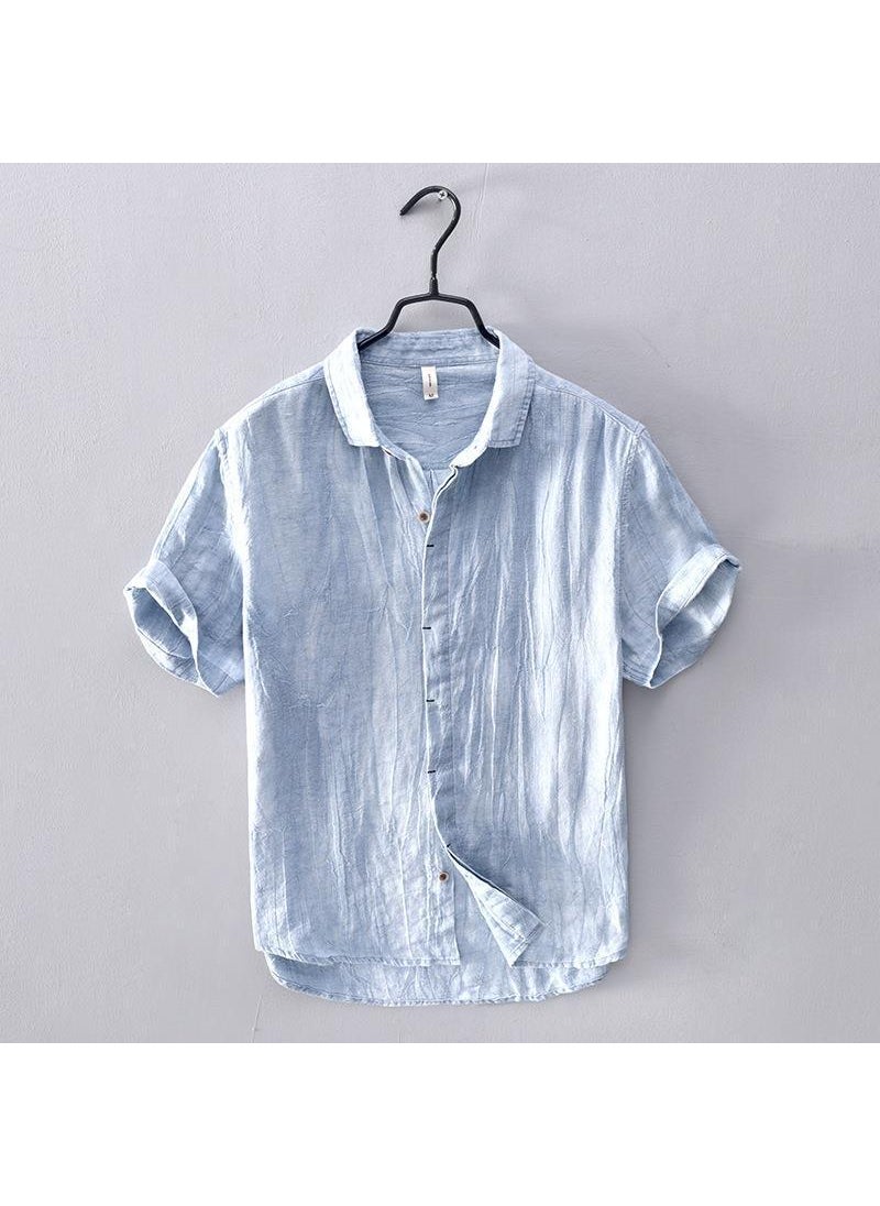 L795 Japanese Minimalist Plain Mens Short Linen Shirt Casual Khaki