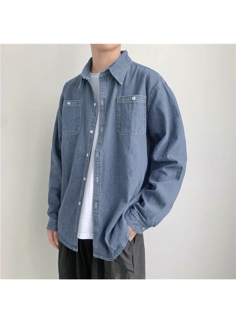 Denim Long-Sleeve Shirt Men Spring Autumn Casual dark blue