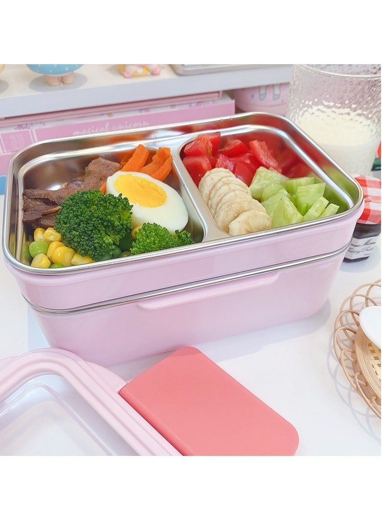 Adando Stainless Steel Lunch Box -1100ml Double Layer Microwave-Safe Bento Containers - 304 Insulated Lunch Box Insulated Leakproof - Cartoon Cute Lunch Box Ideal for Students School Toddler Kids Boys Girls with Stainless Steel Cutlery