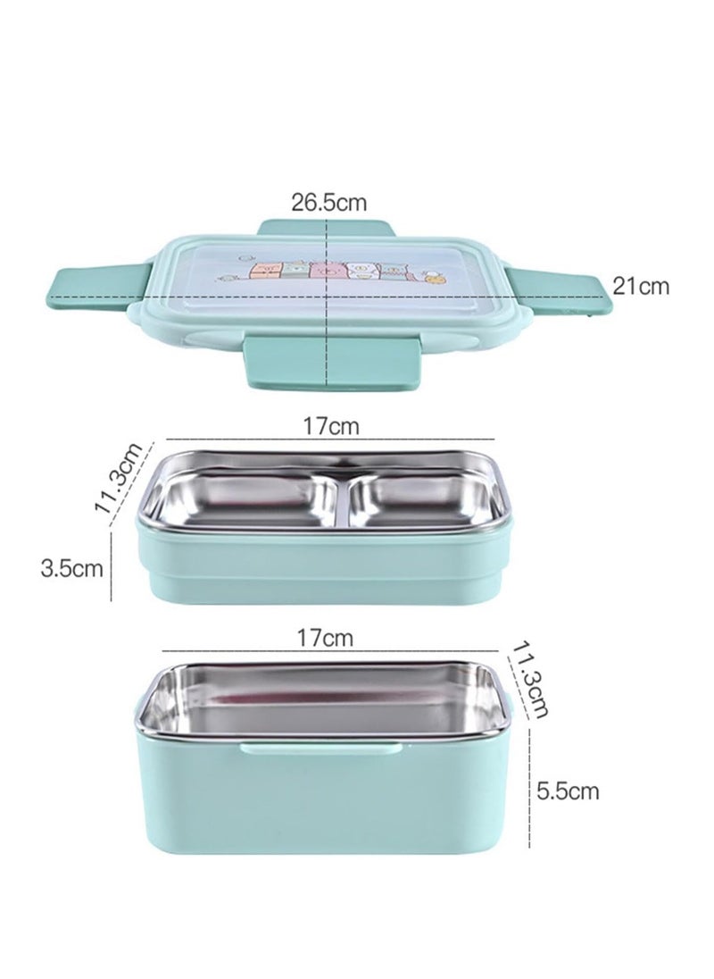 Adando Stainless Steel Lunch Box -1100ml Double Layer Microwave-Safe Bento Containers - 304 Insulated Lunch Box Insulated Leakproof - Cartoon Cute Lunch Box Ideal for Students School Toddler Kids Boys Girls with Stainless Steel Cutlery