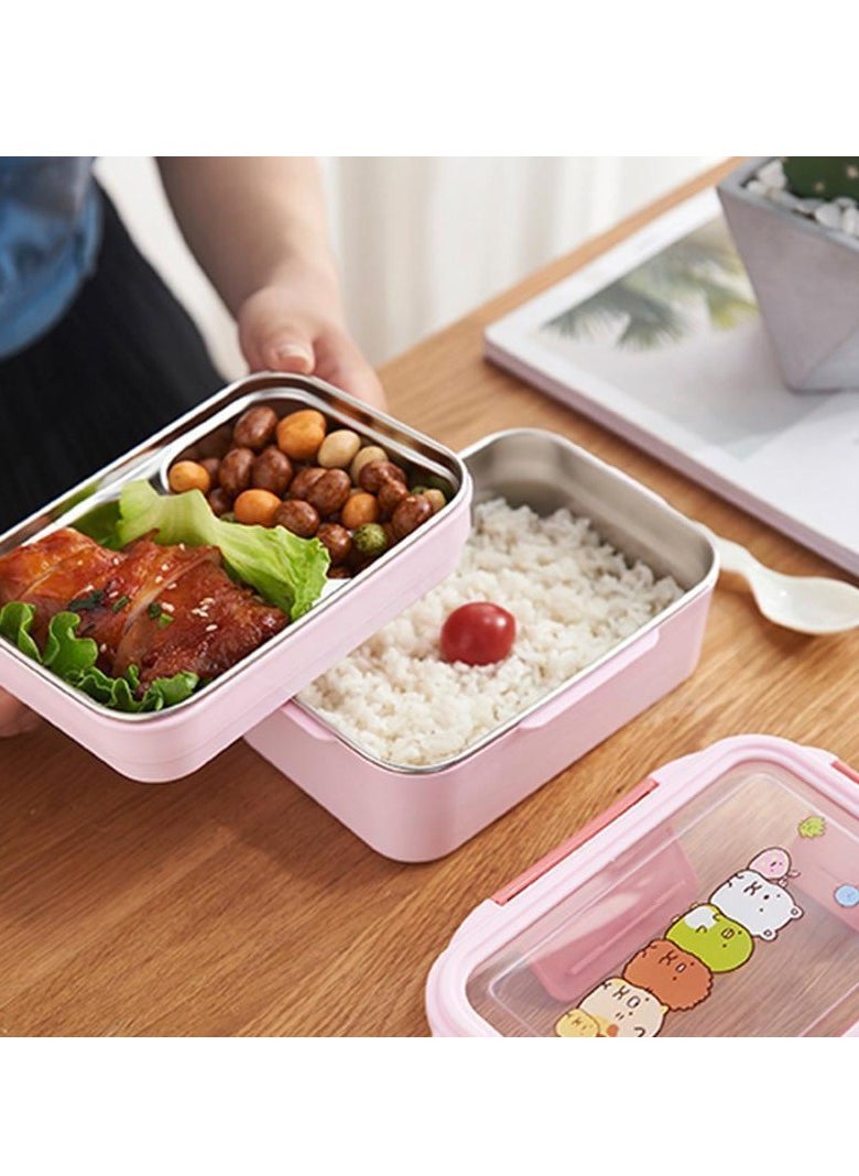 Adando Stainless Steel Lunch Box -1100ml Double Layer Microwave-Safe Bento Containers - 304 Insulated Lunch Box Insulated Leakproof - Cartoon Cute Lunch Box Ideal for Students School Toddler Kids Boys Girls with Stainless Steel Cutlery