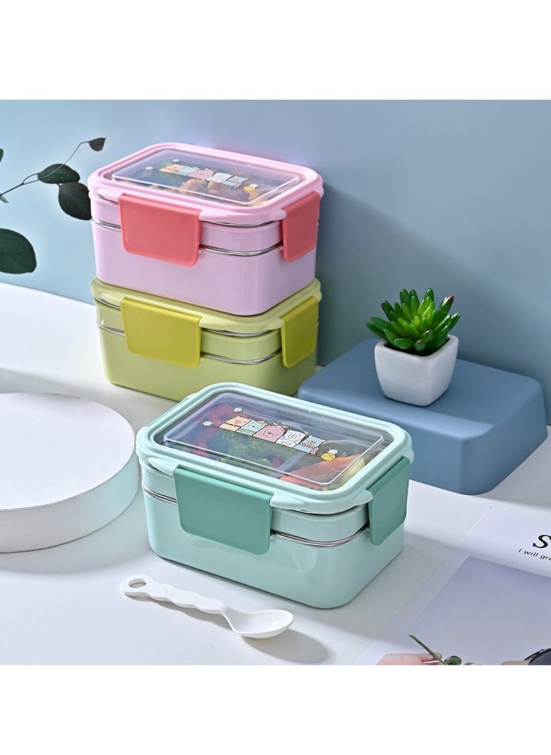 Adando Stainless Steel Lunch Box -1100ml Double Layer Microwave-Safe Bento Containers - 304 Insulated Lunch Box Insulated Leakproof - Cartoon Cute Lunch Box Ideal for Students School Toddler Kids Boys Girls with Stainless Steel Cutlery