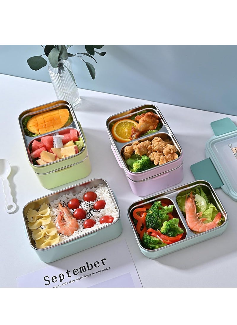 Adando Stainless Steel Lunch Box -1100ml Double Layer Microwave-Safe Bento Containers - 304 Insulated Lunch Box Insulated Leakproof - Cartoon Cute Lunch Box Ideal for Students School Toddler Kids Boys Girls with Stainless Steel Cutlery