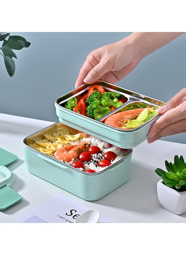 Adando Stainless Steel Lunch Box -1100ml Double Layer Microwave-Safe Bento Containers - 304 Insulated Lunch Box Insulated Leakproof - Cartoon Cute Lunch Box Ideal for Students School Toddler Kids Boys Girls with Stainless Steel Cutlery