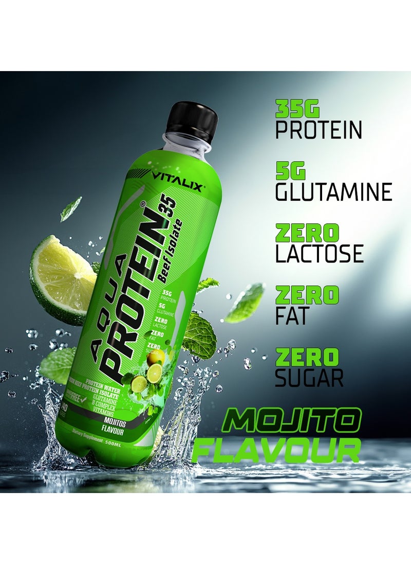 Aqua Protein 35 Beef Isolate Mojito - 35g Protein Water, 5g Glutamine, Vitamins B,Lactose Free, Sugar Free, Zero Fat - Protein Drink 500ml Pack of 12