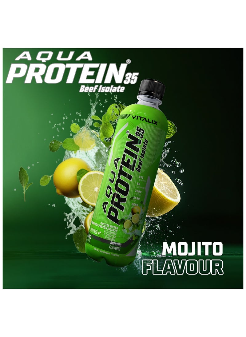 Aqua Protein 35 Beef Isolate Mojito - 35g Protein Water, 5g Glutamine, Vitamins B,Lactose Free, Sugar Free, Zero Fat - Protein Drink 500ml Pack of 12